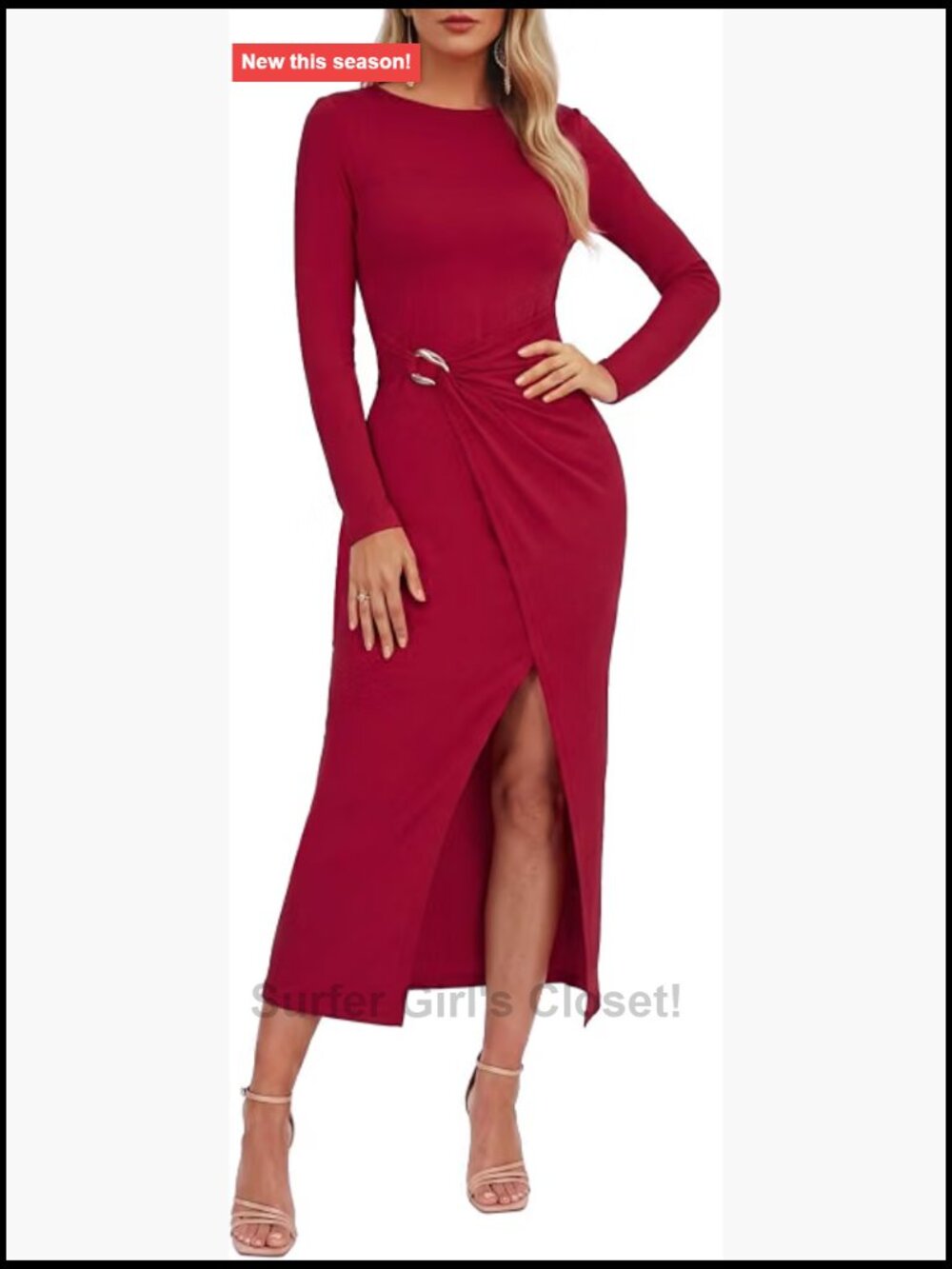 Women's Semi Formal Ruched Midi Dress Long Sleeve Bodycon Side Slit Cocktail